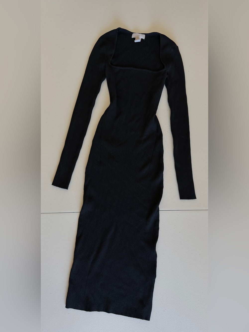 H&M Black Ribbed Square Neck Long Sleeve Bodycon Midi Dress - Size XS